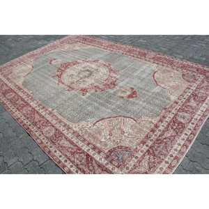 Vintage Turkish Oversize Rug 7.8x11.3 ft, <b>Red</b> Gray Floral <b>Wool</b> Rug - Product Image 2