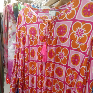 Geometric Floral Tunic Tassel <b>Tie</b> Neck Women Casual Summer Top Pink Orange <b>Print</b> Long Sleeve Beachwear for Daily Vacation Use - Product Image 1