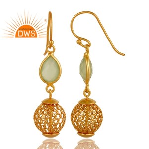 Boucles d'oreilles en argent plaqué or, filigranes suspendues, perles de designer, pierres précieuses en calcédoine préhnite, collection classique, fabricant de bijoux - Product Image 3
