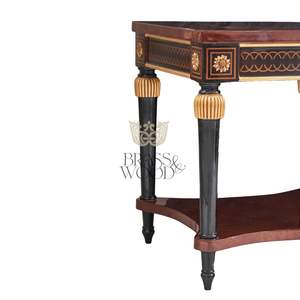 Mesa Auxiliar Cuadrada de Lujo de 2 Niveles con Incrustaciones Geométricas de Madera, Patas Acanaladas Negras y Doradas para Decoración Clásica de Sala de Estar - Product Image 3