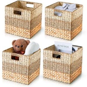 <b>Foldable</b> Eco-Friendly Water Hyacinth Rattan Storage <b>Basket</b> Woven Rectangle Organizer for Bathroom Bedroom Pantry Laundry - Product Image 3