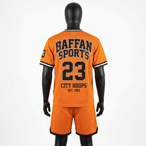 Conjunto de pantalones cortos de malla transpirable de poliéster naranja y negro, uniforme de entrenamiento de baloncesto, logotipo personalizado en twill para conjunto de pantalones cortos para hombre - Product Image 2