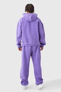 Ensemble survêtement streetwear pour homme, violet, surdimensionné, 2 pièces, sweat-shirt à capuche avec surpiqûres blanches, pantalon de survêtement ample - Product Image 3