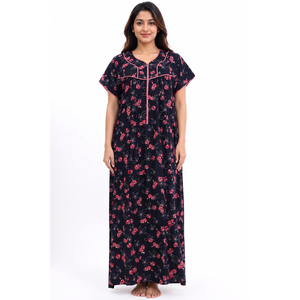 Evolove Women's Classic Black Floral Print 100% Cotton <b>Long</b> Sleeve Nightgown Front Zipper Quick Dry Breathable 3XL Home Night - Product Image 5