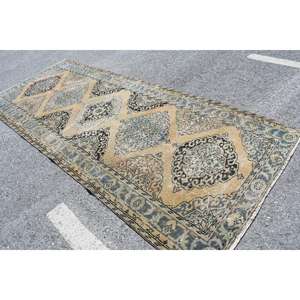 Alfombra Turca de 4.6x11.5 pies, Alfombra Vintage, Alfombra de Lana con Estampado Animal Azul Marrón - Product Image 2