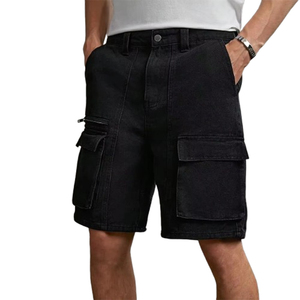 Pantalones cortos de mezclilla con bolsillo cargo negro para hombre, pantalones cortos de pierna recta de cinco puntos, pantalones cortos informales de moda de verano para hombre - Product Image 1