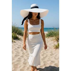 Extra Wide Straw <b>Hat</b> with White Ribbon HSR2039 Boxed Shipping - 2039beyaz - Product Image 1