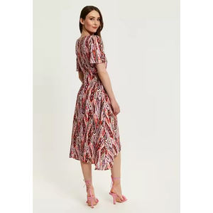 Venta de fábrica de alta calidad, ocasiones formales de verano, viscosa, estampado Floral de Cachemira, manga corta, escote en V, gasa, vestido marrón y rosa - Product Image 4