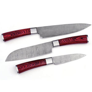 Juego de Cuchillos de Chef Profesionales Burraq, Hechos a Mano, de 3 Piezas, Acero al Carbono, Acero de Damasco, Mango de Madera, Ambidiestros, Modernos y Ecológicos - Product Image 1