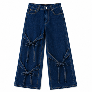 Jeans Anchos de Mujer Estilo Y2K con Detalle de Lazo, Cintura Alta, Corte Holgado, Lavado Claro, Denim Ecológico, Transpirable, Moda de Verano - Product Image 3
