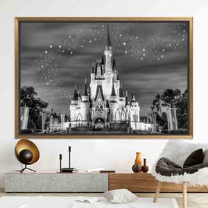 Toile imprimée en verre du Château de Cendrillon pour chambre d'enfant, toile encadrée dorée pour une nuit étoilée - Product Image 1