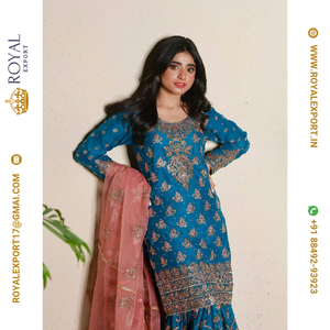 Presentación de seda Chinon de buena calidad con colección de trajes bordados Sharara - Product Image 2