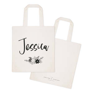 Personalized Open-Closure Floral Name Cotton Canvas Tote Bag with Solid Color Pattern - Product Image 2