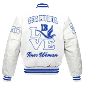 Zeta phi Beta 1920 Greek founders แจ็คเก็ตสีฟ้าขาวขาวขาวตัวแทนชมรมเสื้อผ้าสไตล์แพทช์ chenille zpb - Product Image 5
