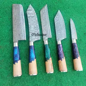 Facas De Cozinha Paring Resina Azul E Cabo De Madeira De Oliveira Aço Damasco Alta Qualidade Paring Knife Chef Faca