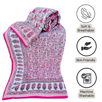 Couette de lit simple en coton 100% à motifs floraux rose clair, imprimée pigmentairement, réversible, style Jaipur, nouvelle collection de couettes