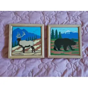 Hand Painted Bear and Elk 2 Tecolote New Mexico Ceramic Tiles <b>Animal</b> <b>Paintings</b> - Product Image 1