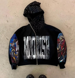 Sweat à capuche surdimensionné brodé numérique strass personnalisé 100% coton Vintage Full Zip Winter Streetwear 370 grammes French Terry - Product Image 4