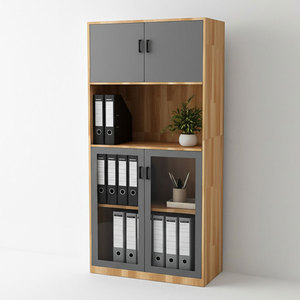Armoire de classement minimaliste à 4 niveaux en bois d'hévéa avec portes vitrées réglables, verrouillable et autoportante - pour atelier et entrepôt - Product Image 1
