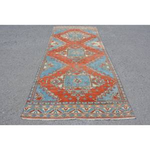 Tapis turc vintage de 4,7 pieds X 10,9 pieds-Style Yoruk classique avec des accents orange et bleu en laine support en latex pour adolescents - Product Image 1