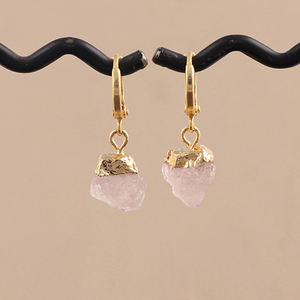Handmade Trendy <b>Earring</b> Set for Women Natural Raw Rose Quartz for October Birthstone Electroplated <b>Fashionable</b> <b>Hoop</b> <b>Earrings</b> - Product Image 5