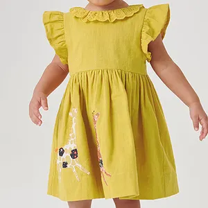 Custom New Design Casual Kid Girl Dress 100% Cotton Sustainable Eco Friendly Yellow Girrafe Child Girl Dress