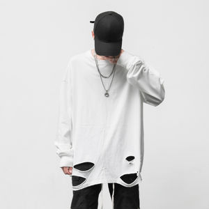 Haut personnalisé lavé Vintage blanc t-shirt uni coton déchiré trou t-shirts grande taille haute qualité goutte épaule T-shirt pour hommes - Product Image 6