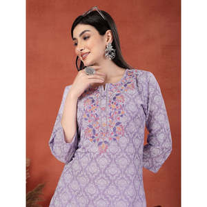 Kurta Recta con Estampado Floral y Bordado para Mujer, Cuello en V, Transpirable, de Algodón Puro, Elegante, Largo hasta la Rodilla, Talla 5XL, Suministro ODM - Product Image 3