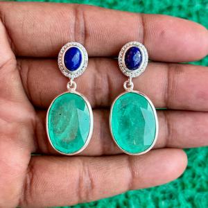 Boucles d'oreilles ovales artisanales Pariba Tourmaline et Lapis Lazuli bleu avec placage en argent bijoux élégants en pierres précieuses pour femmes - Product Image 5