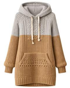 Customized <b>Women</b> Chunky <b>Knit</b> Hoodie Sweater Dress Long Sleeve Kangaroo Pocket Winter Pullover Casual Hooded <b>Top</b> In Beige Brown - Product Image 1