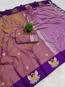 Sari en soie Banarasi douce pour femme avec broderie Zari et motif Meenakari sur toute la surface, bordure contrastante, pallu riche, fabriqué en Inde, en stock - Product Image 2