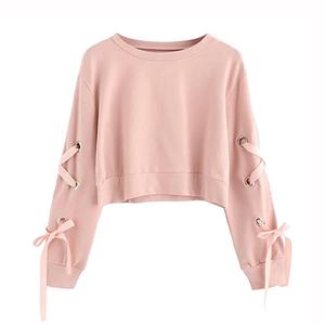 Women's Casual Lace up Long <b>Sleeve</b> Pullover <b>Crop</b> <b>Top</b> Solid Sweatshirt High Quality Fleece Women Crewneck Sweatshirts - Product Image 1