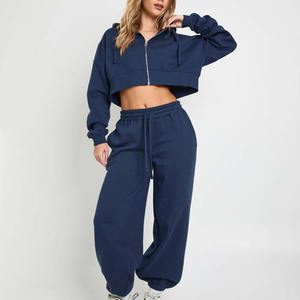 Ensemble de survêtement 2 pièces pour femme, design personnalisé, bleu marine, pantalon de jogging à revers et sweat à capuche zippé, respirant - Product Image 1