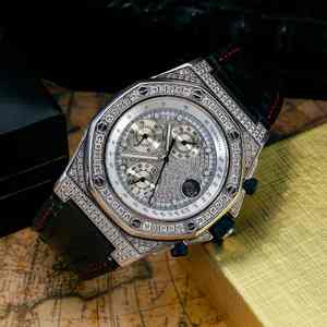 Montre chronographe de luxe d'occasion en acier inoxydable avec diamants en moissanite, entièrement sertie de diamants, bracelet en cuir noir, analogique, style antique et tendance - Product Image 2