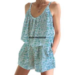 Conjunto de Pijama Corto con Estampado Floral Indio Hecho a Mano, de Algodón para Mujer, Primavera/Verano, Ajustado, con Tirantes, Sin Mangas - Product Image 5