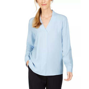 Top da Donna Calvin Klein con Scollo a V Blu Taglia Media Design Semplice a Quadri e Pois Decorazione in Pizzo Abbigliamento da Ufficio in Maglia e Chiffon - Product Image 1