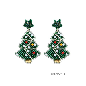 Boucles d'oreilles en perles de sapin de Noël faites à la main avec perles de verre vertes et strass rouges sur crochets en argent - Product Image 3