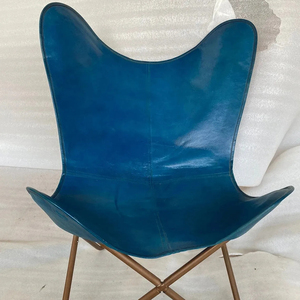 เก้าอี้หนังผีเสื้อสีน้ำเงินทำด้วยมือดีไซน์แบบเรียบง่ายพับเก็บได้สำหรับห้องรับประทานอาหารห้องนอนกลางแจ้งห้องนั่งเล่นพักผ่อนกรอบโลหะ - Product Image 1