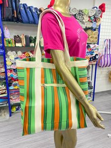 Custom Eco-Friendly Reusable Zipper <b>Plastic</b> Woven Striped Shopping Bag Handloom Made Recycled Beach Bags Cosmetic Bags Cases - Product Image 3
