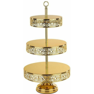 Arabic Design Brass Gold Coated Round <b>Cake</b> <b>Stand</b> <b>3</b> <b>Tier</b> Cup <b>Cake</b> <b>Stands</b> for Wedding & Hotels Tabletop Usage - Product Image 1