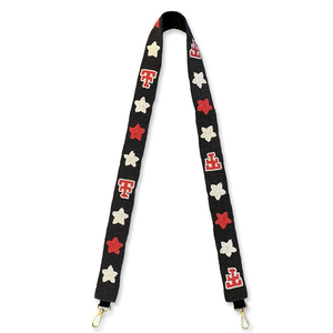 Sangle de sac brodée Texas Tech Red Raiders noire avec étoiles et logos, faite à la main en polyester, thème sportif - Product Image 1