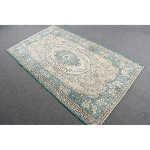 Alfombra Turca de Lana, 3.8x6.7 pies, Azul y Blanca a Rayas - Product Image 2