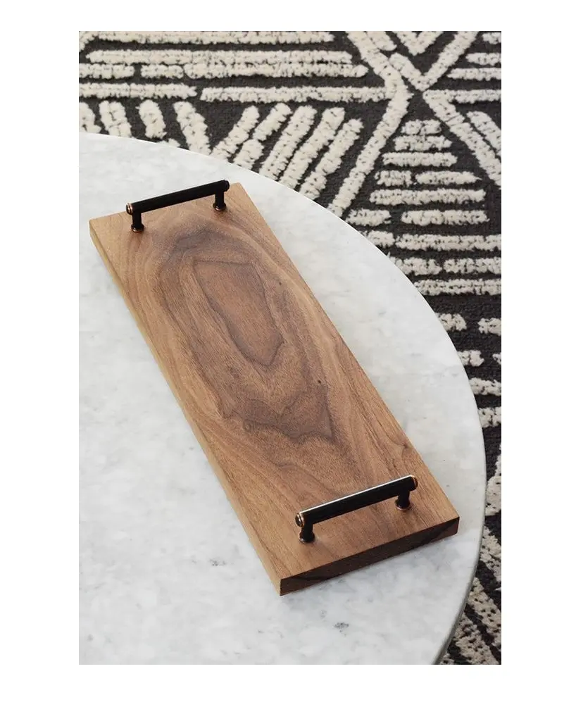 직사각형 긴 디자인 금속 손잡이 나무 쟁반 제조 업체 최신 모델 수제 나무 서빙 트레이 도매
