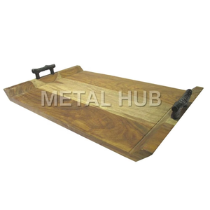 Bandeja de Madera Rectangular Eco Consciente con Asas de Material Mixto Cuero de Bambú y Aluminio para Cocina o Uso Decorativo - Product Image 4