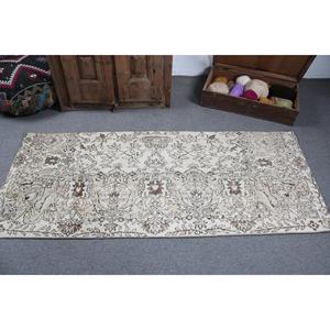 Vintage Turkish Accent Rug 2.7x6.5 ft, White <b>Brown</b> Animal Print <b>Wool</b> Rug - Product Image 3