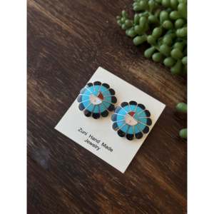 Zuni Handmade Multi-Stone & Sterling Silver Inlaid Sunface <b>Post</b> Earrings Cultural Collectible Jewelry - Product Image 4