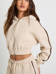 Ensemble de survêtement décontracté pour femmes tendance, avec bande latérale, jogging, haut court zippé, pantalon de survêtement à cordon de serrage, chaud pour l'hiver - Product Image 2