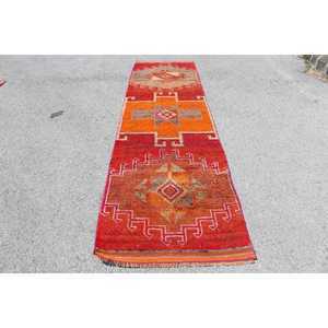 Tapis turc vintage 3x11,1 pieds, tapis en laine Herki rouge ombré - Product Image 1