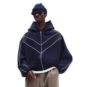 Sweat à capuche zippé pour homme de haute qualité avec passepoil contrasté, coupe ample, tissu polaire, manches longues, fermeture éclair, passepoil - Product Image 3