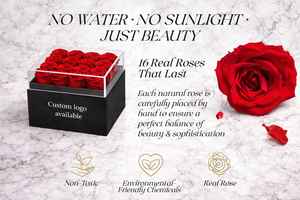 กล่องดอกกุหลาบอมตะทรงสี่เหลี่ยมสีแดง Glamour Boutique บรรจุ 16 ดอก ของตกแต่งโต๊ะสุดหรู คงทนนาน 3-5 ปี ของขวัญวันเกิดสำหรับเธอ - Product Image 2